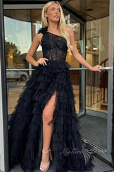 Charming One-Shoulder Black Tulle Ruffled Prom Dress with Slit